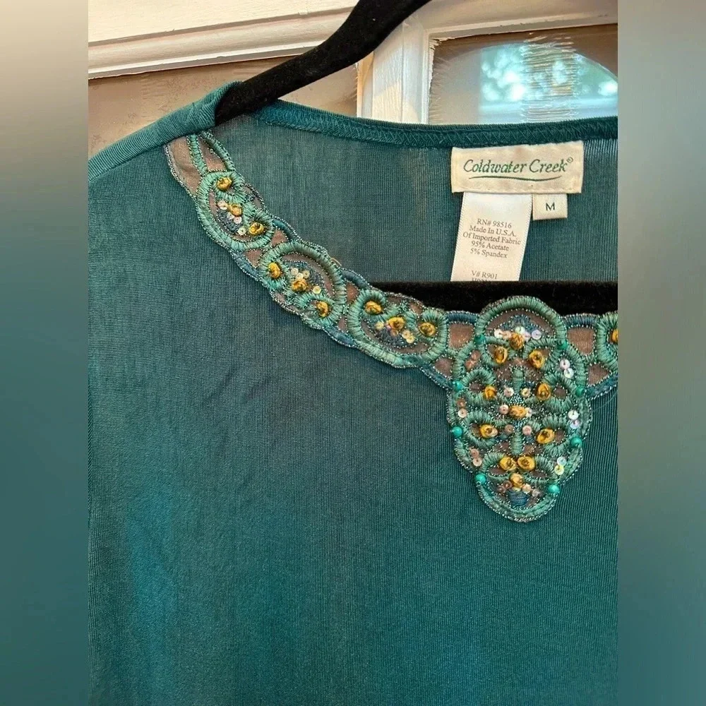 Vintage Coldwater Creek Y2K Dark Teal Beaded Sequin Fairy Chic Blouse Top Size M